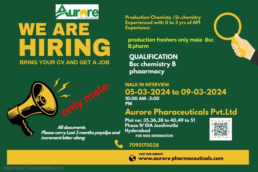 Aurore Pharmaceuticals - Walk-In for B.Sc, B.Pharm Freshers & Experienced Candidates on 6th - 9th Mar 2024
